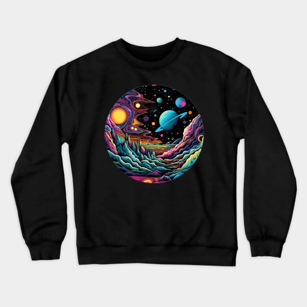 Surrealist space artwork with planets Crewneck Sweatshirt by Unelmoija